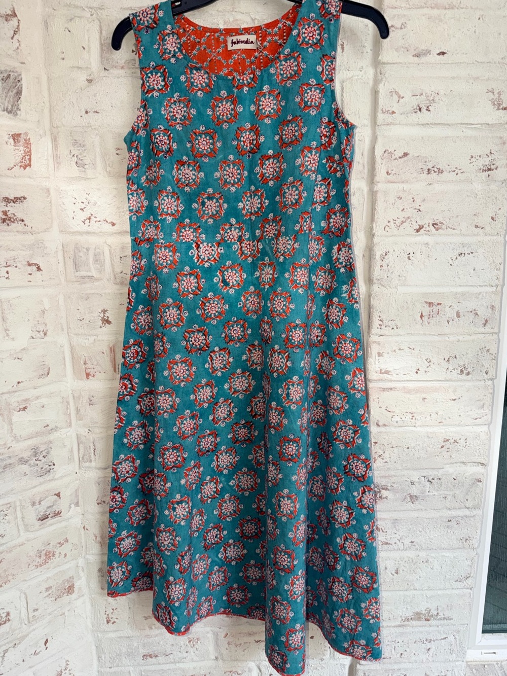 NWT Fabindia Hand Block Print 100% Cotton Midi Dress S Made in India Boho